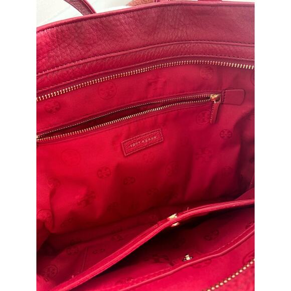 Tory Burch Plaque Tote Large Red Leather Bag $495 Purse Metal Logo - Picture 4 of 7